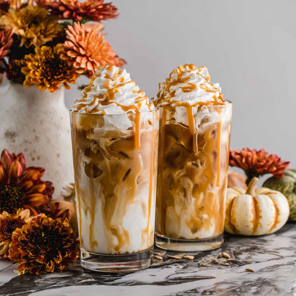 Two glasses of caramel pumpkin spice iced coffee.