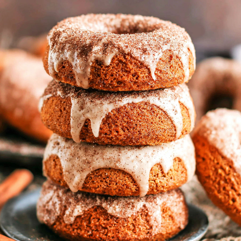 Pumpkin spice baked donuts stacked on a plate.