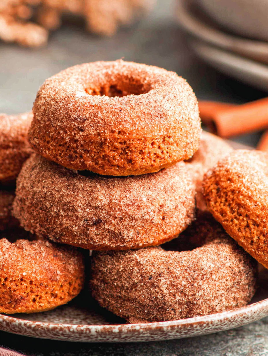 Pumpkin spice baked donuts stacked on top of each other.