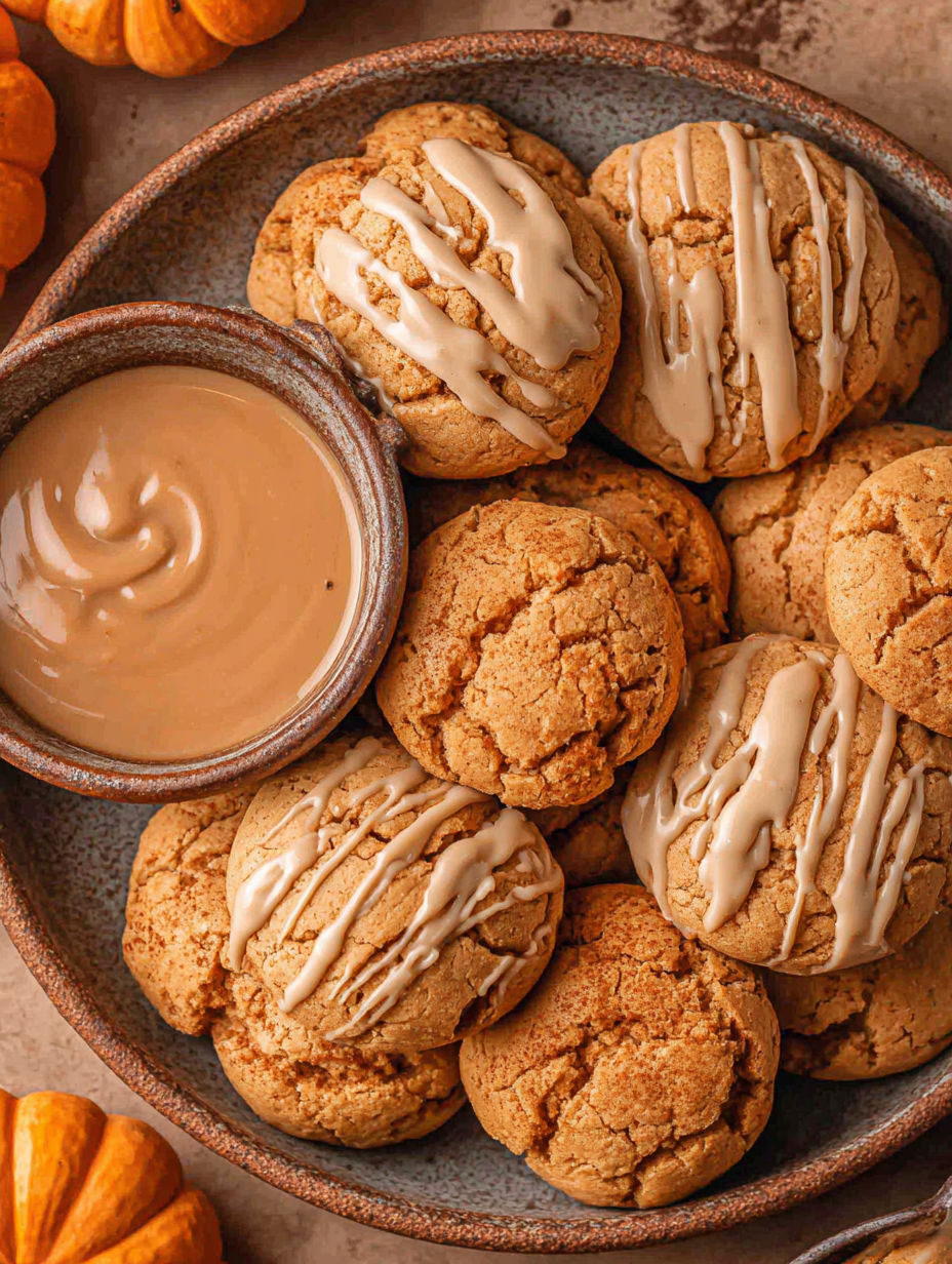 A bowl of cookies with a caramel sauce.