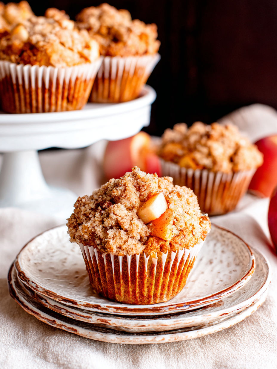 A plate of muffins with a peach on top.