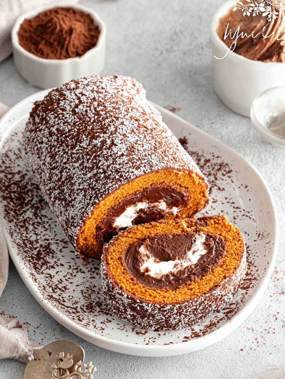 A small pumpkin roll cake with chocolate filling.