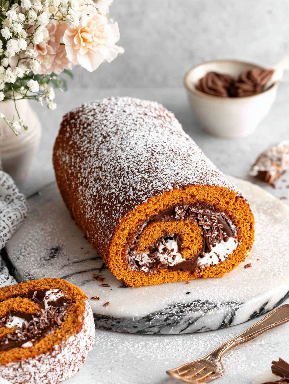 A small pumpkin roll cake with chocolate filling.