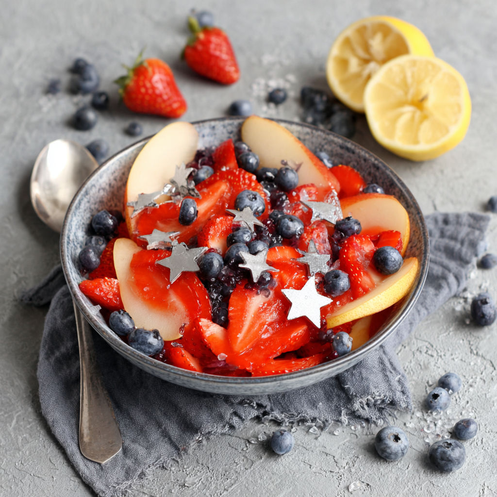 A bowl of fruit salad with strawberries, blueberries, and apples.