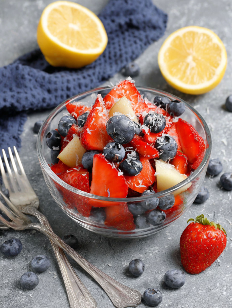 A bowl of fruit salad with strawberries, blueberries, and lemon slices.