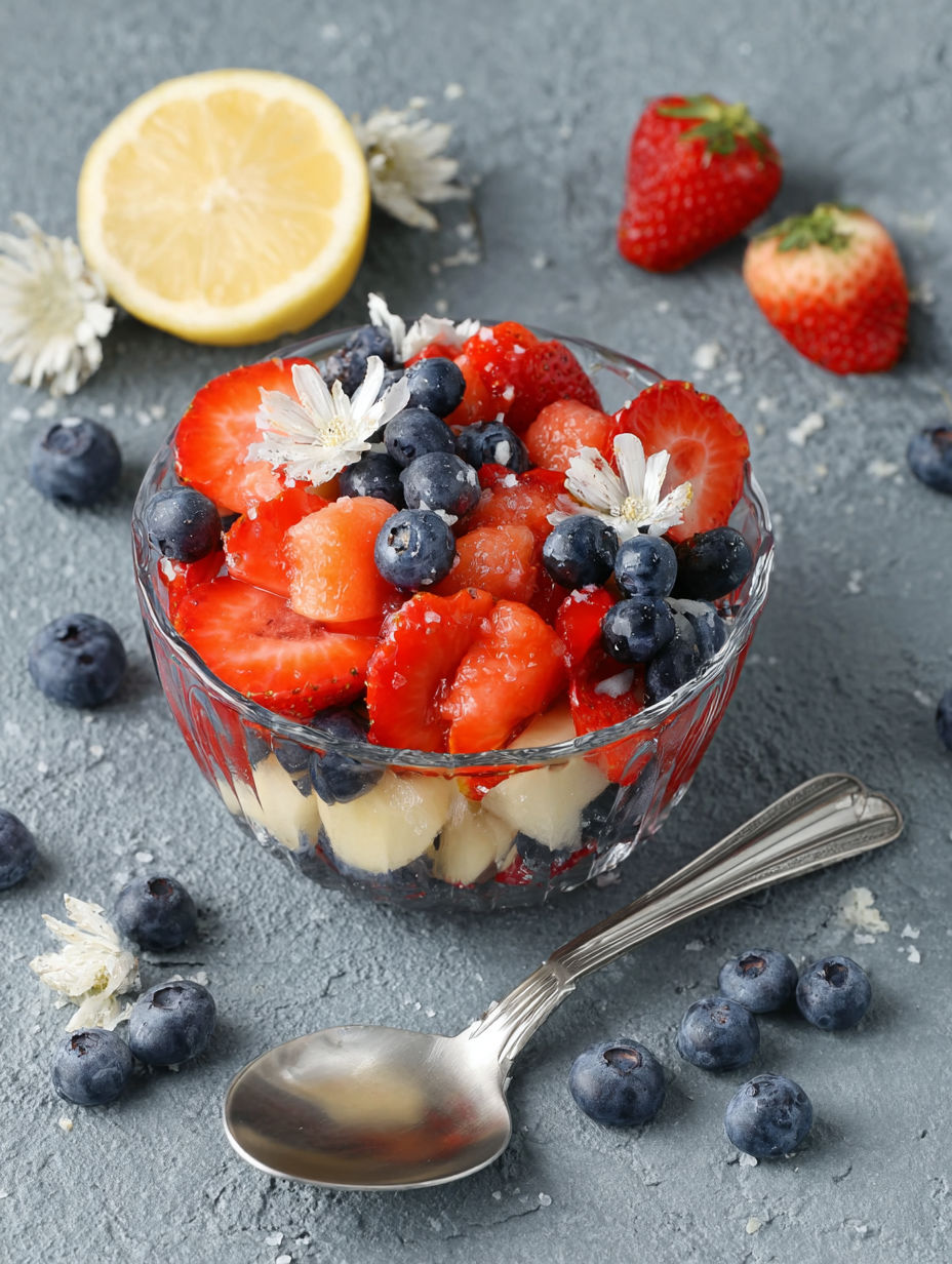 A bowl of red white and blue fruit salad.
