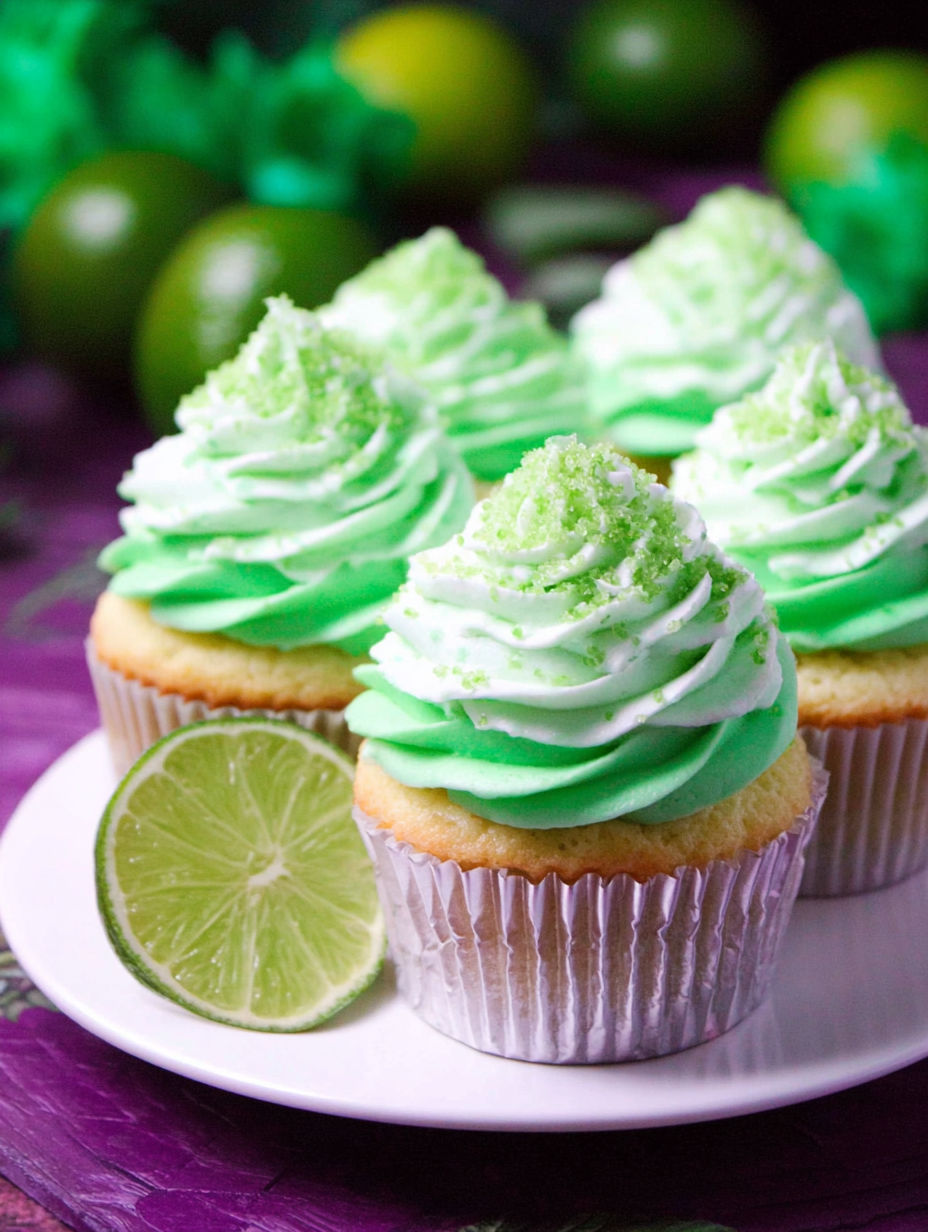 A plate of cupcakes with green frosting and lime wedges.