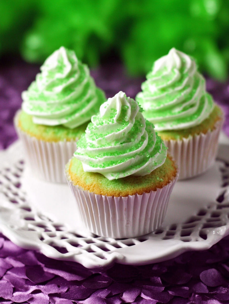 Two cupcakes with green frosting and white whipped cream.