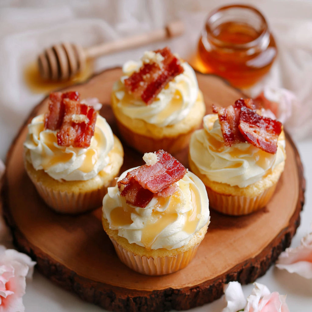 Maple bacon mini cupcakes on a wooden platter.