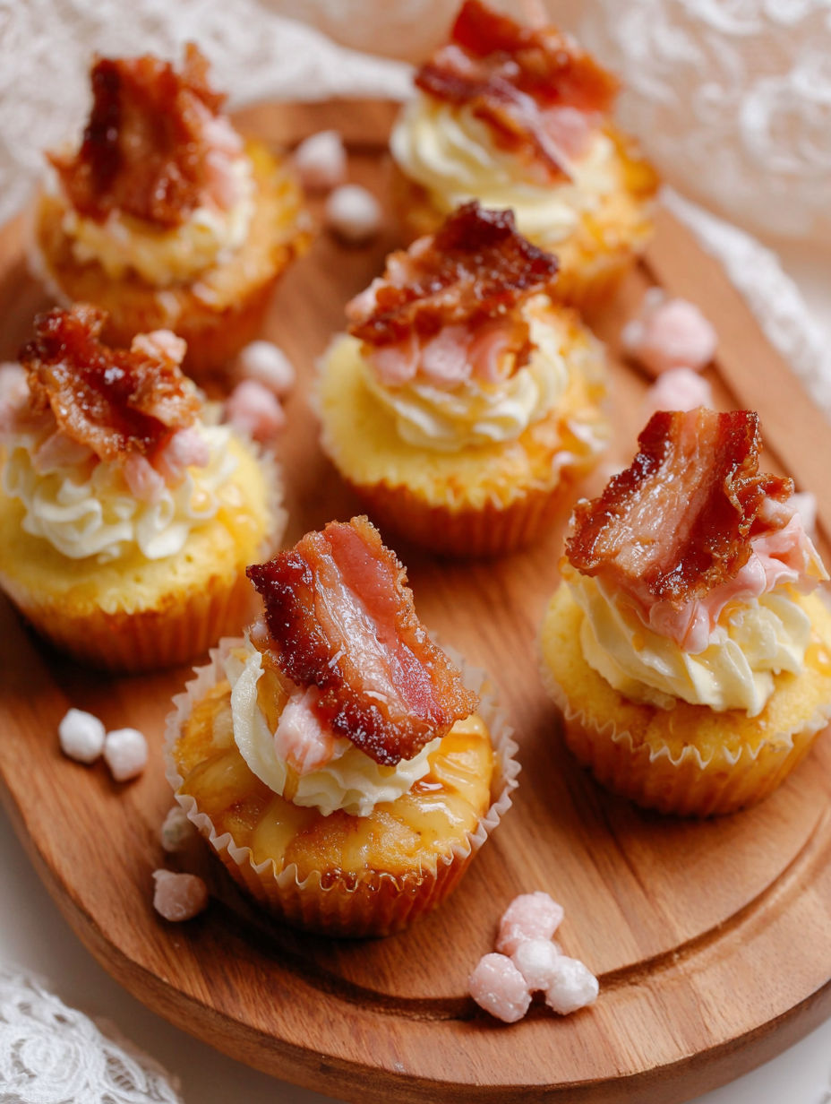 Maple bacon mini cupcakes on a wooden tray.
