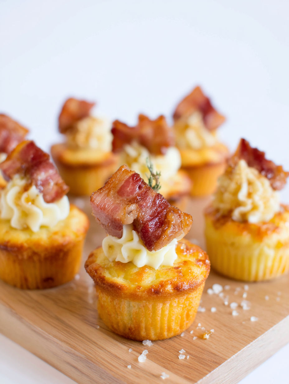 Maple bacon mini cupcakes with bacon bits on top.