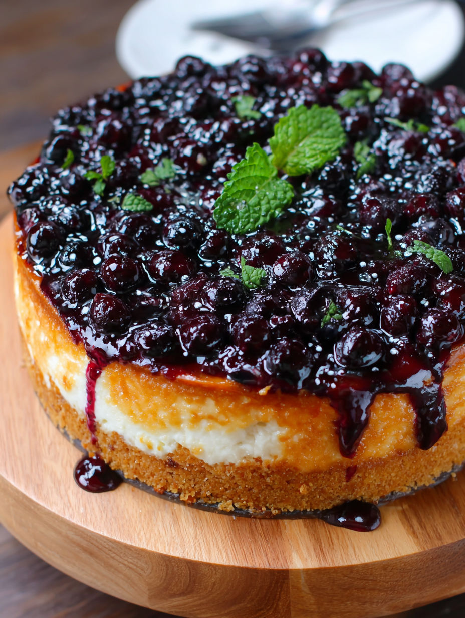A slice of blueberry cheesecake with a mint garnish.