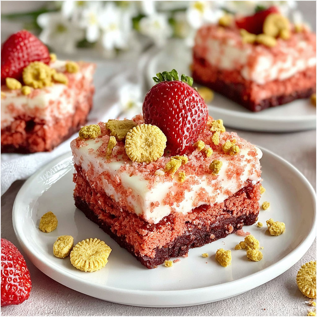 A slice of strawberry crunch brownies.