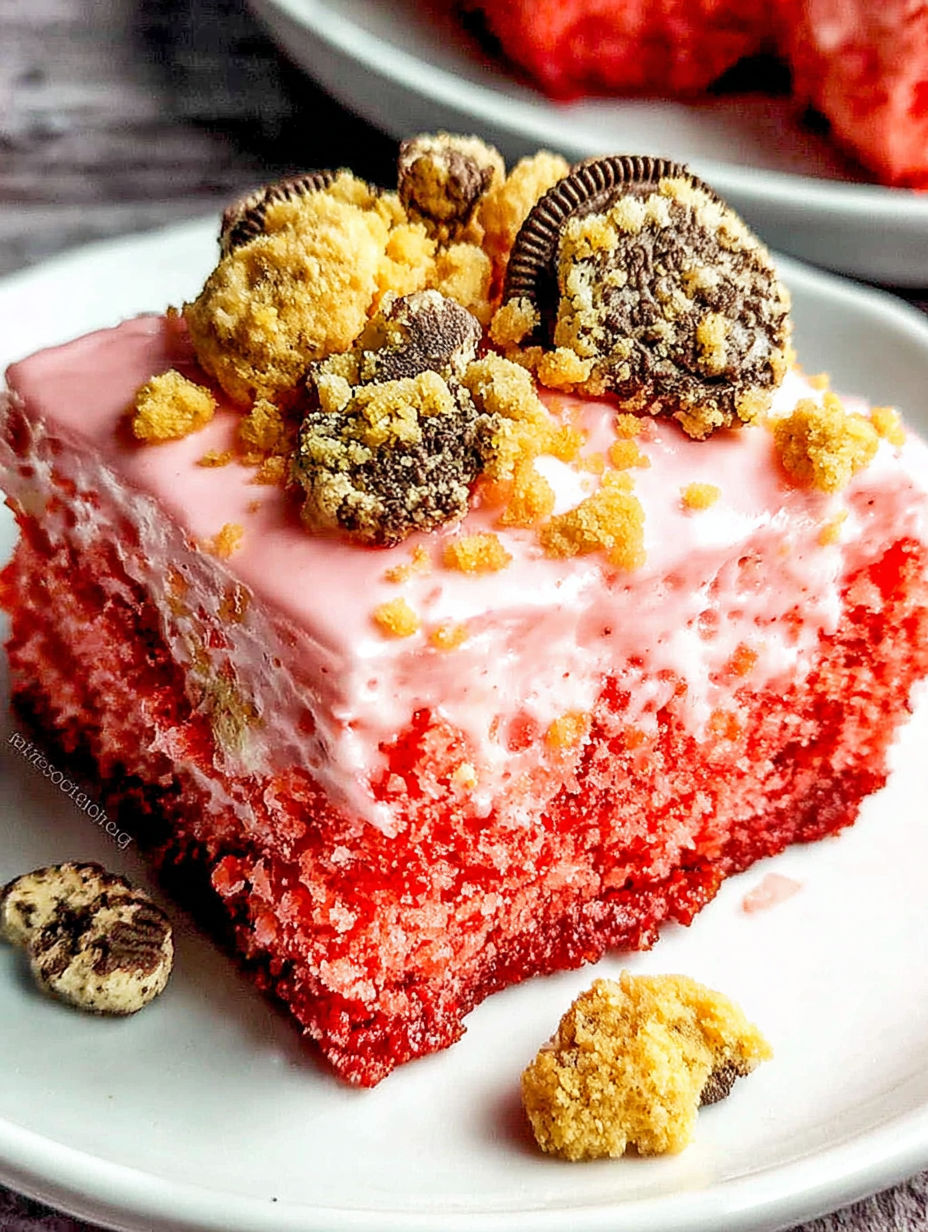A slice of strawberry crunch brownies.