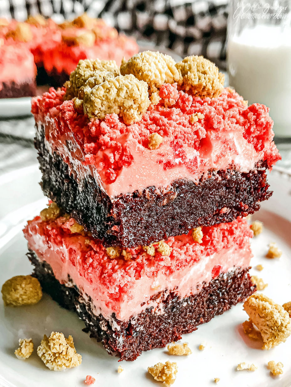A stack of three brownies with a red and white frosting.