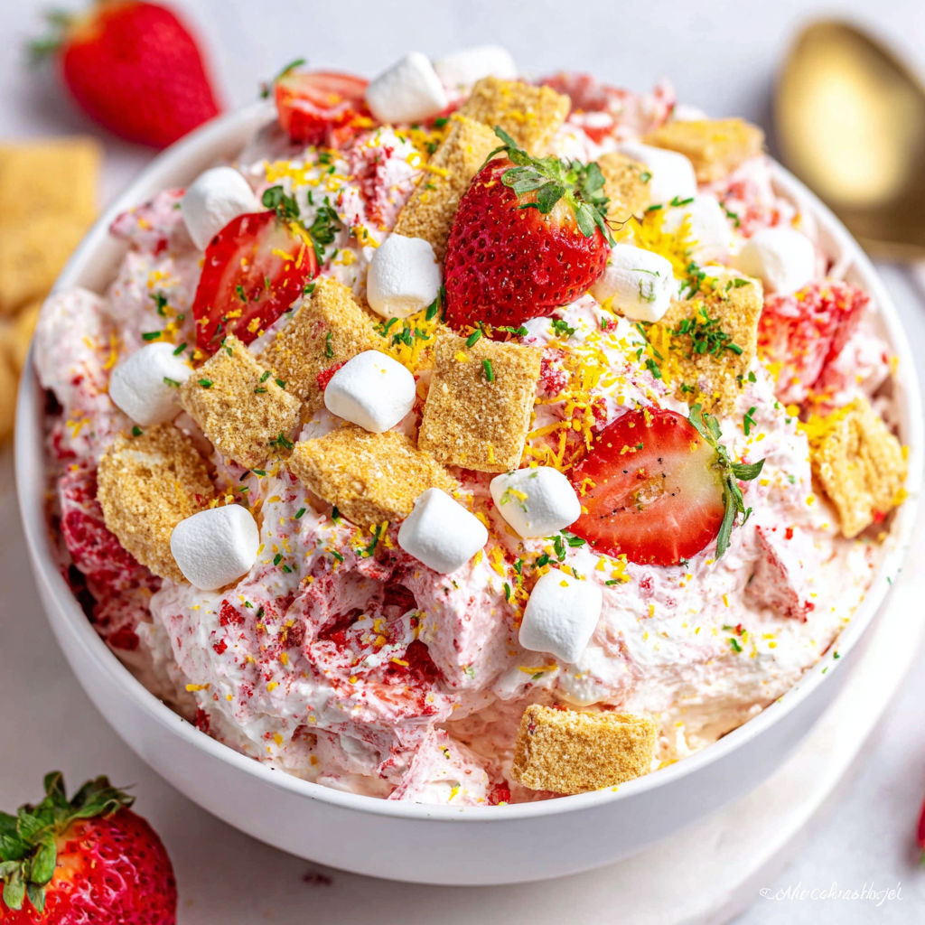 A bowl of strawberry cheesecake fluff salad.
