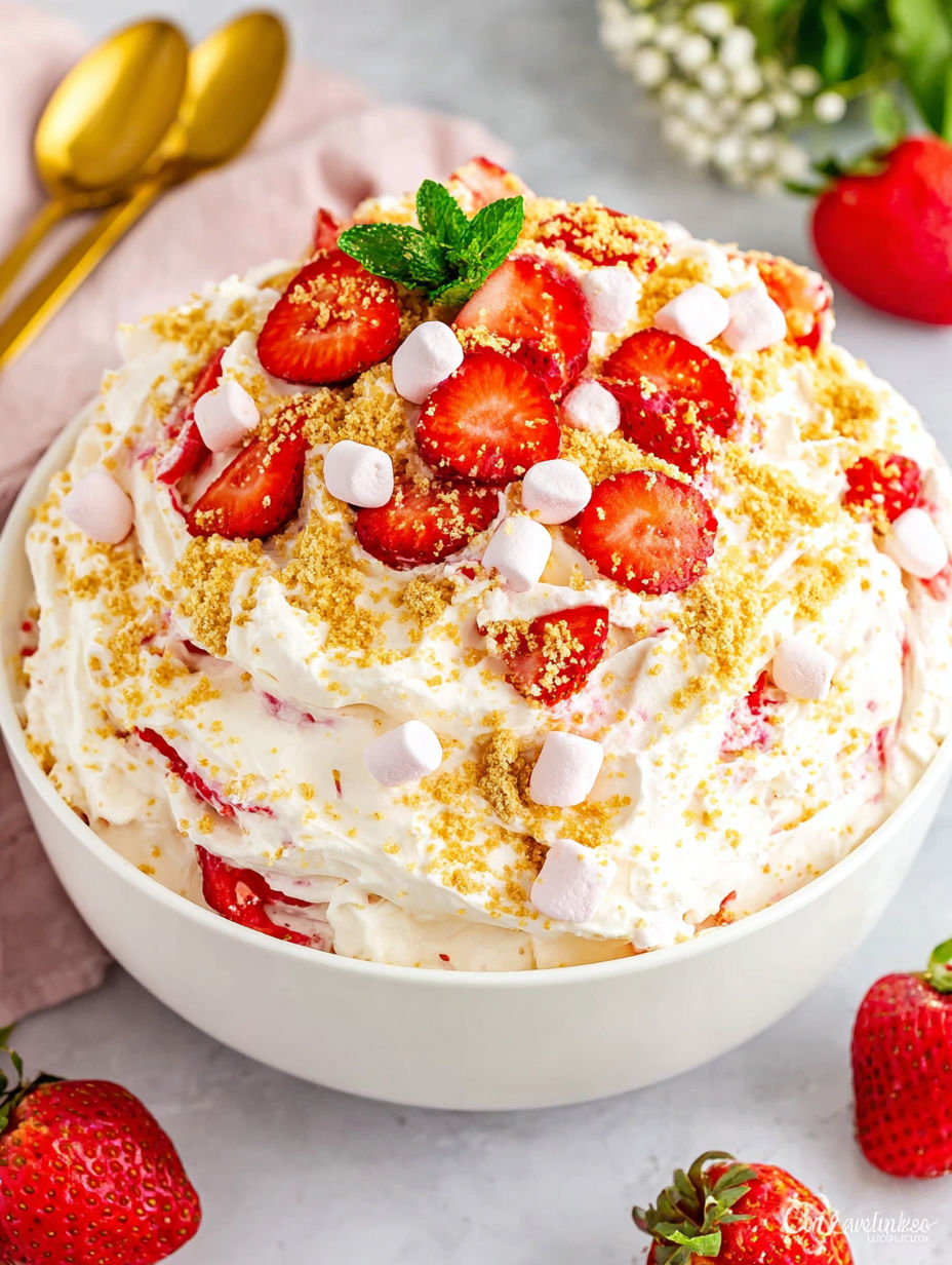 A bowl of strawberry cheesecake fluff salad.