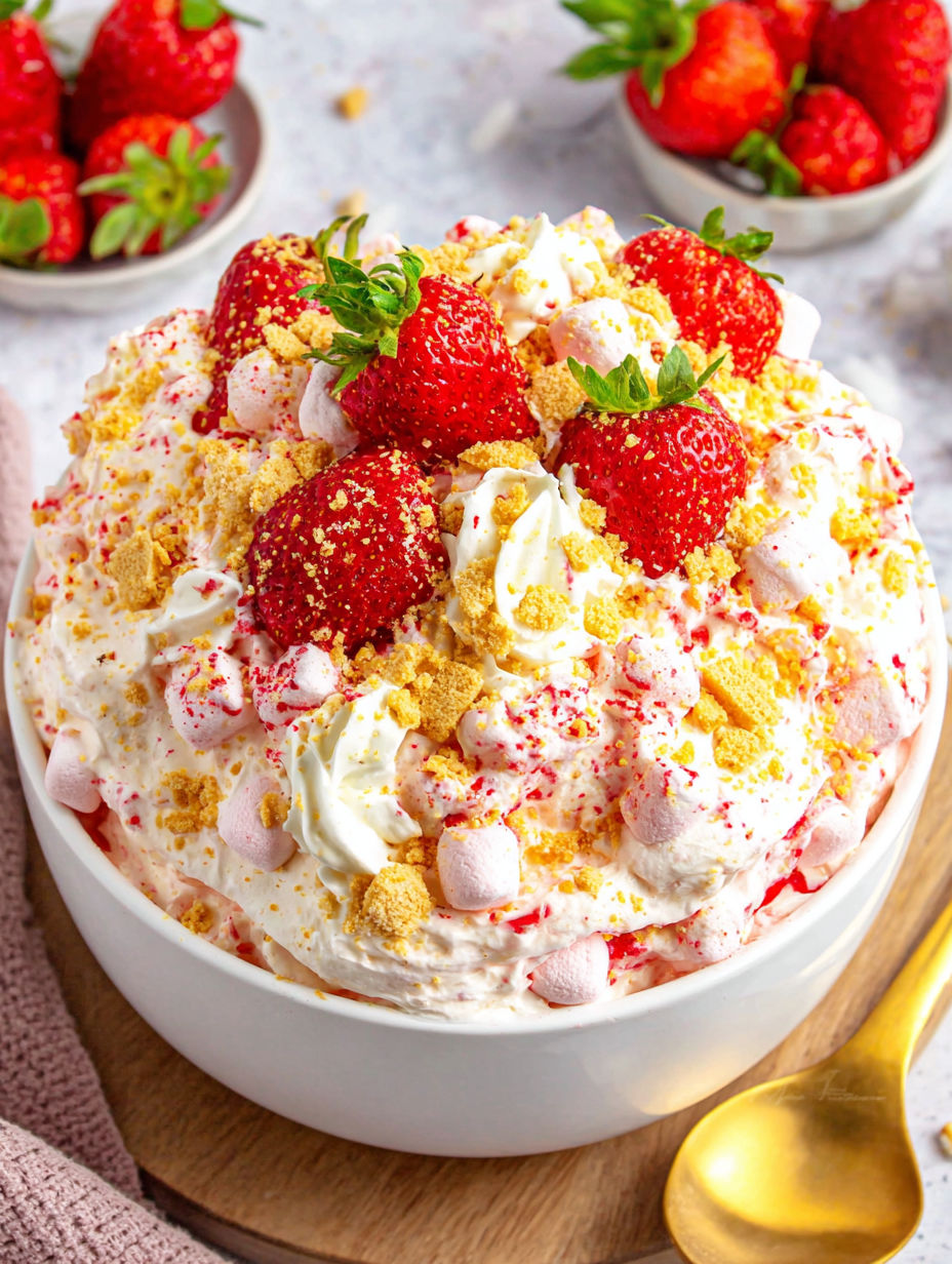 A large bowl of strawberry cheesecake fluff salad.