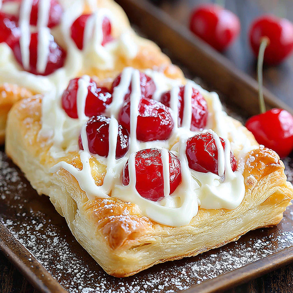 A close up of a cherry cream cheese danish.