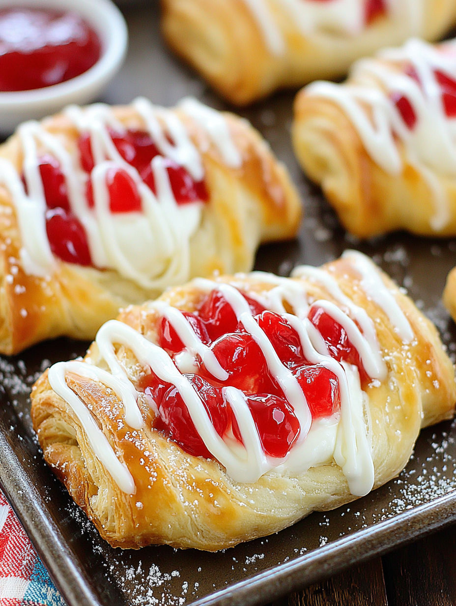A pastry with white frosting and cherries.
