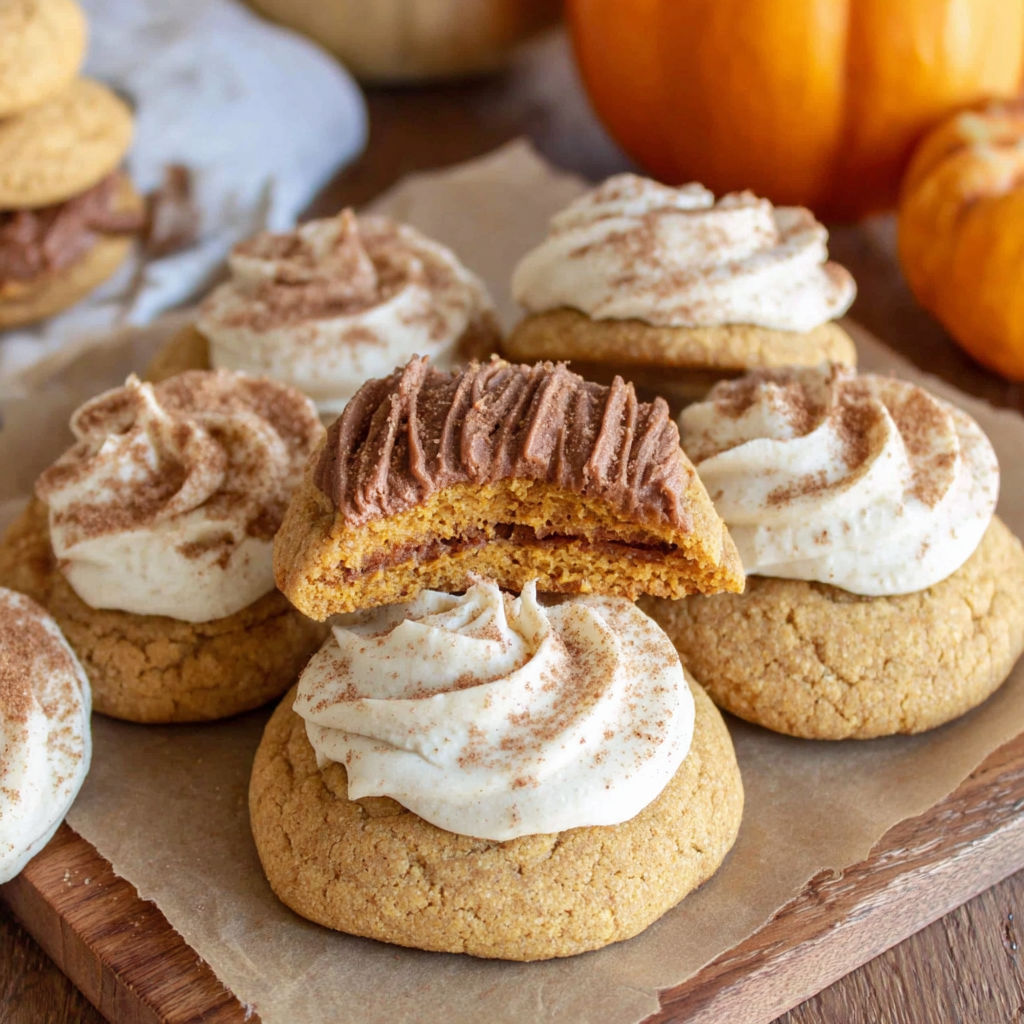 A plate of soft pumpkin cookies with cinnamon frosting.