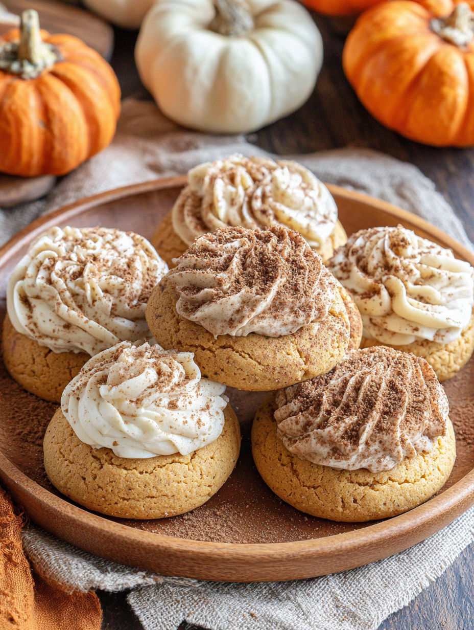 A plate of soft pumpkin cookies with cinnamon frosting.