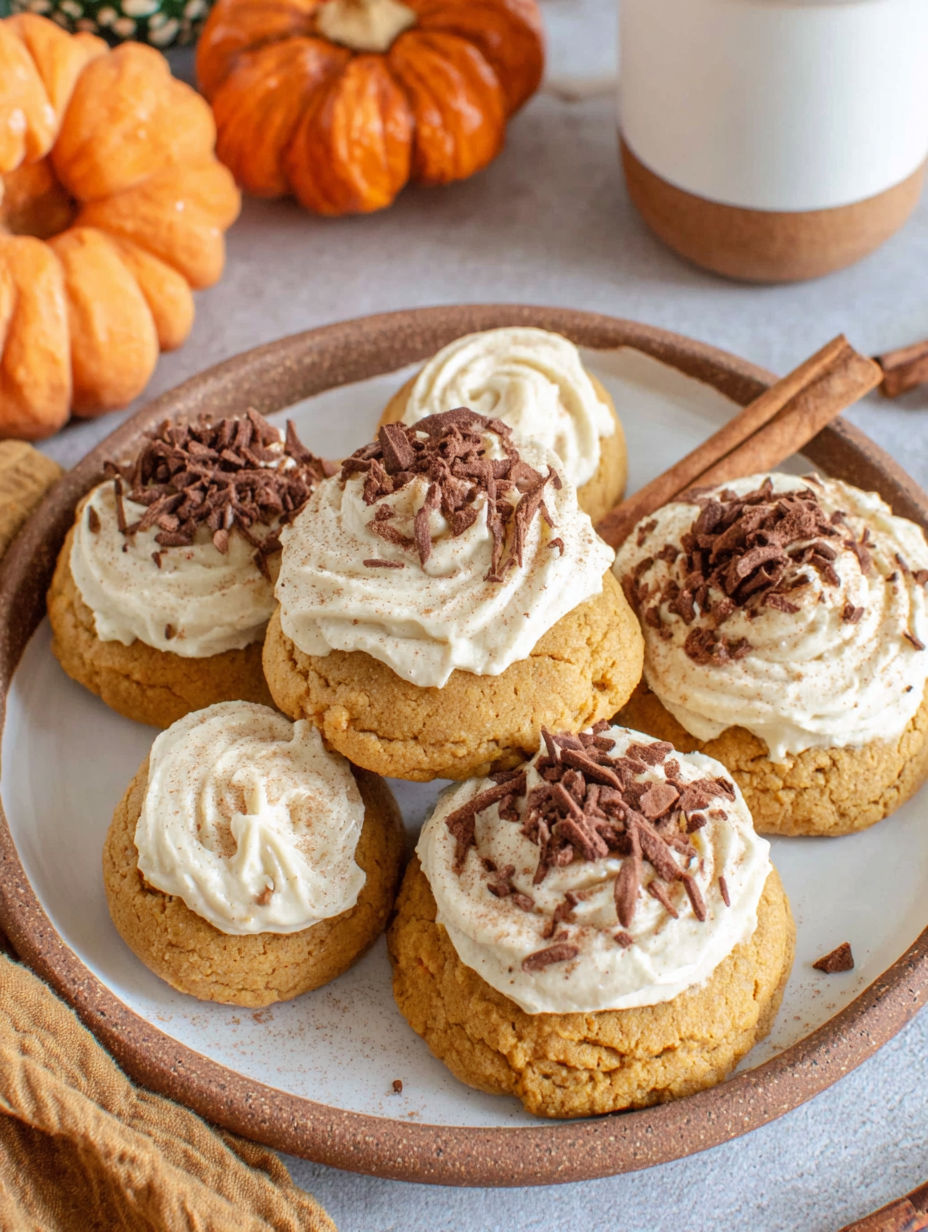 A plate of soft pumpkin cookies with cinnamon frosting.