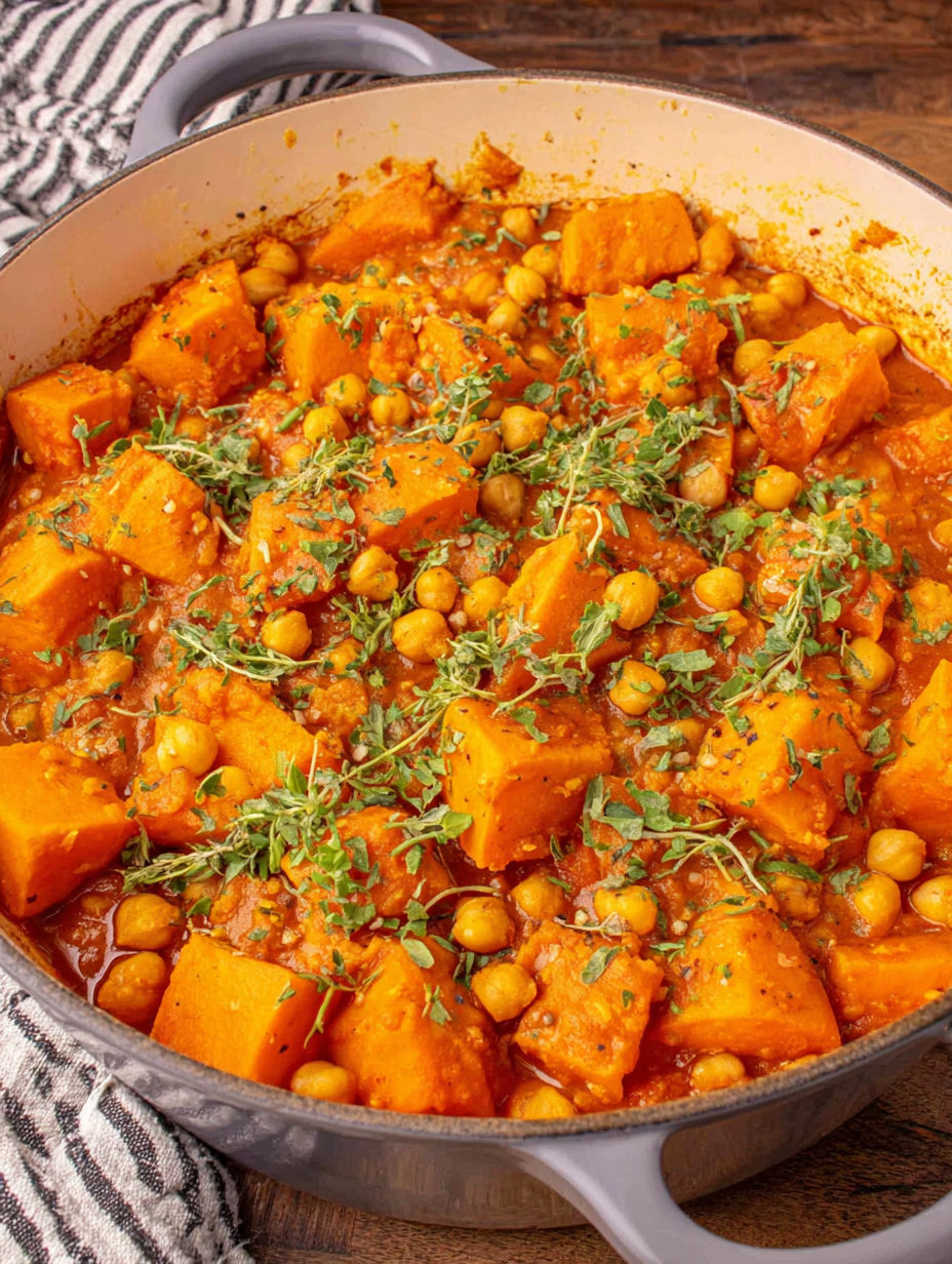 A bowl of pumpkin curry with chickpeas and coconut.