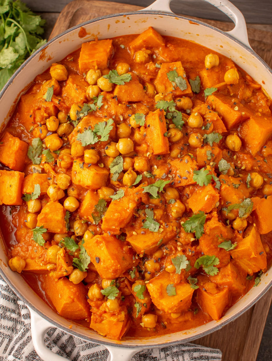 A bowl of pumpkin curry with chickpeas and coconut.