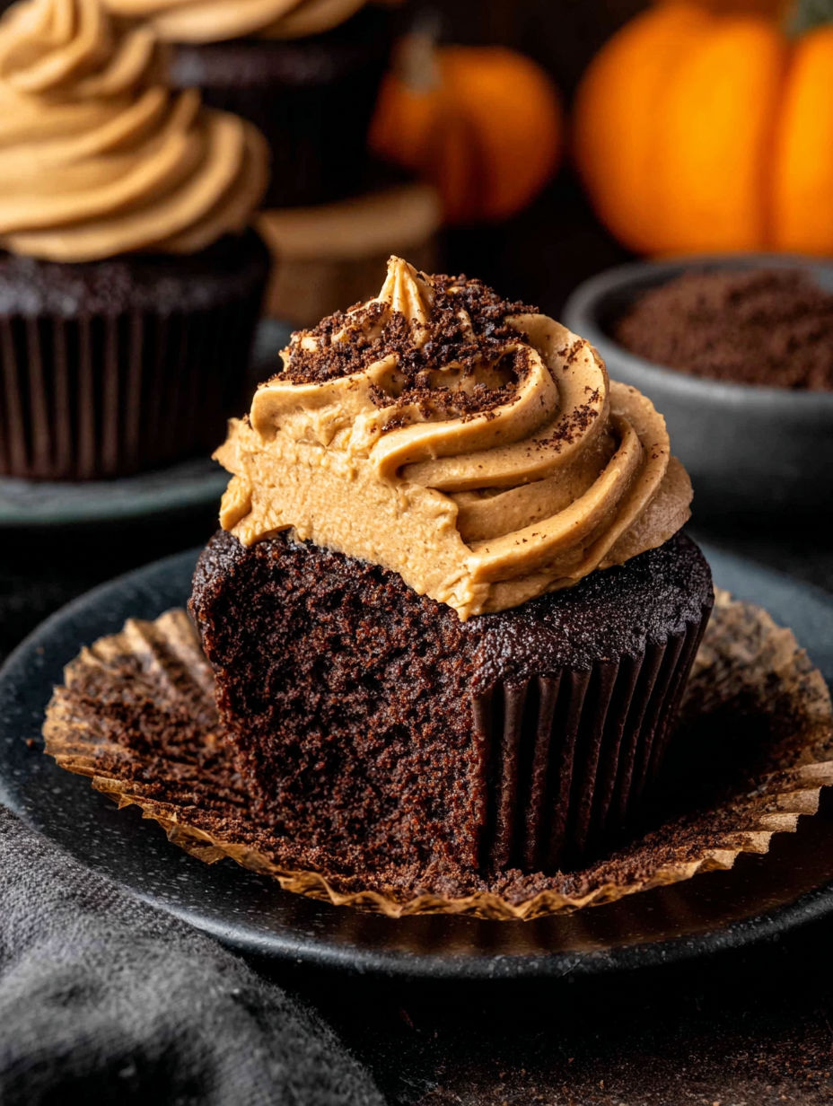 A chocolate cupcake with peanut butter frosting.