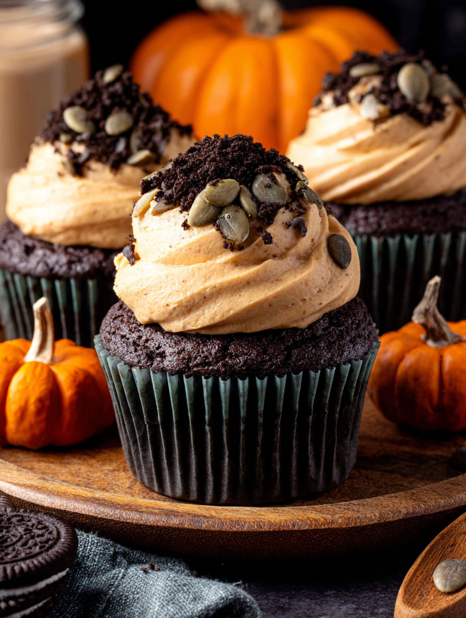 A cupcake with a chocolate frosting and a pumpkin seed topping.