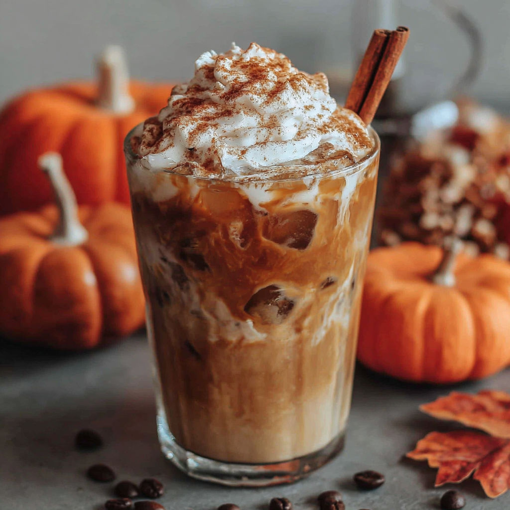 A glass of a Starbucks copycat iced pumpkin spice latte.