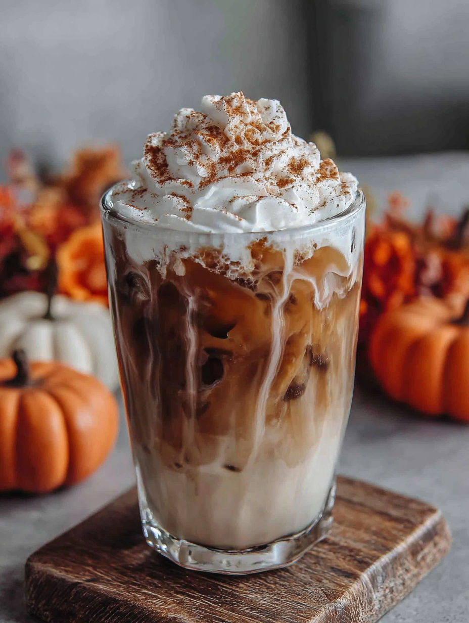 A glass of Starbucks copycat iced pumpkin spice latte.