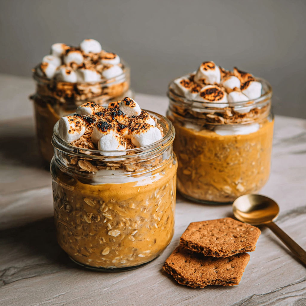 Three jars of Toasted Marshmallow Pumpkin Overnight Oats.
