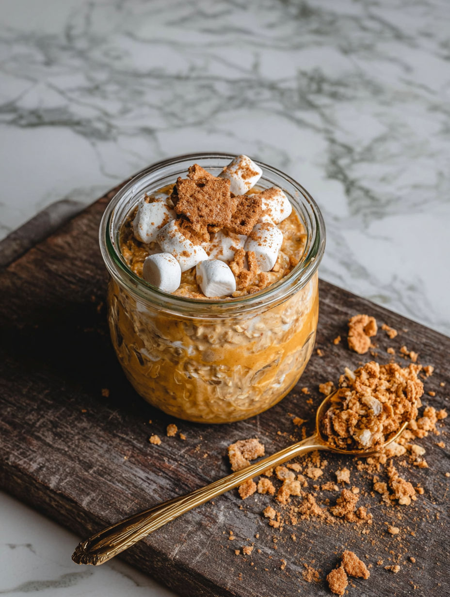 A glass jar filled with Toasted Marshmallow Pumpkin Overnight Oats.