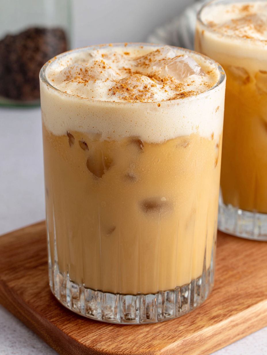 A glass of iced chai tea latte with pumpkin cold foam.