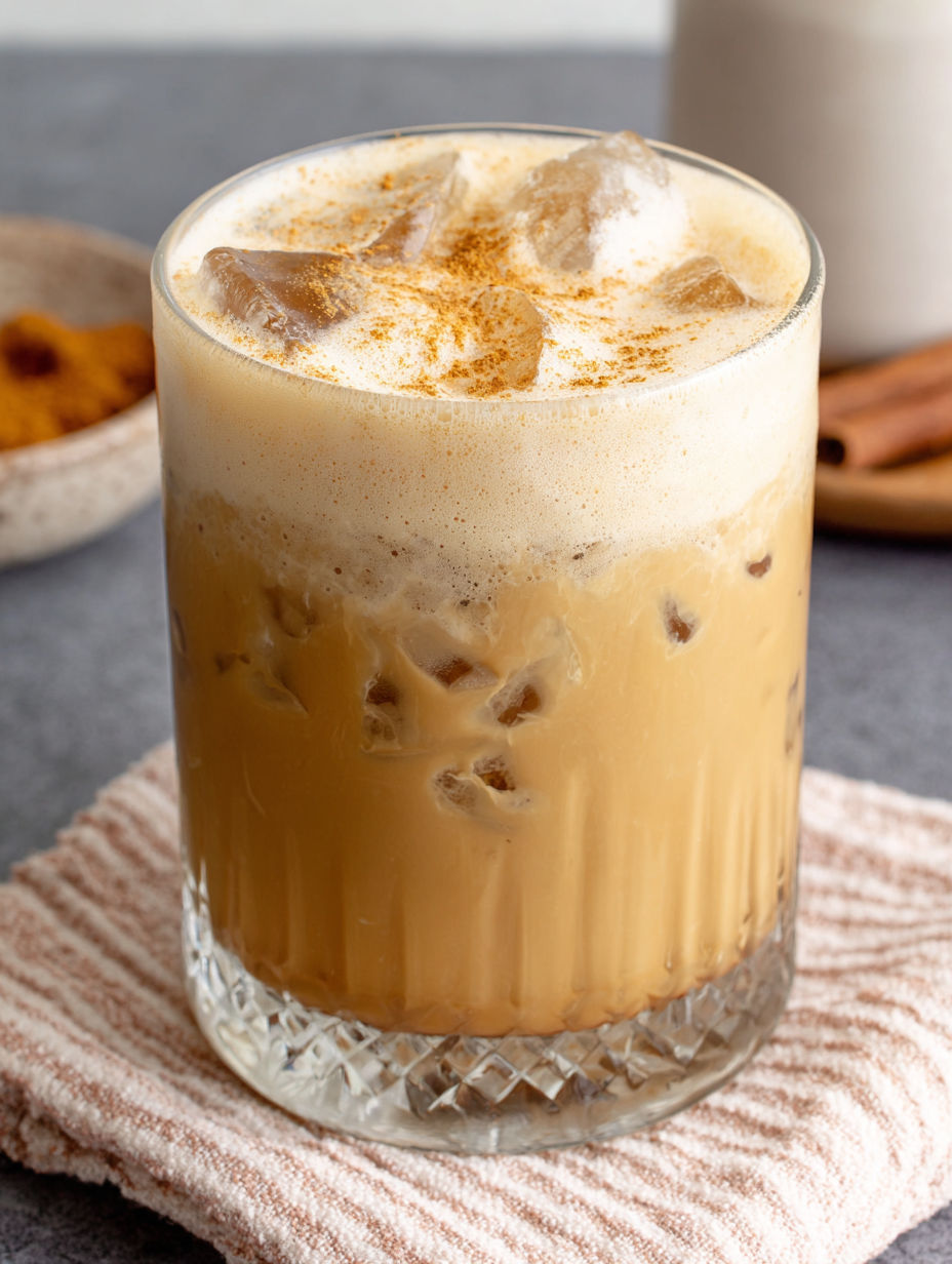 A glass of iced chai tea latte with pumpkin cold foam.