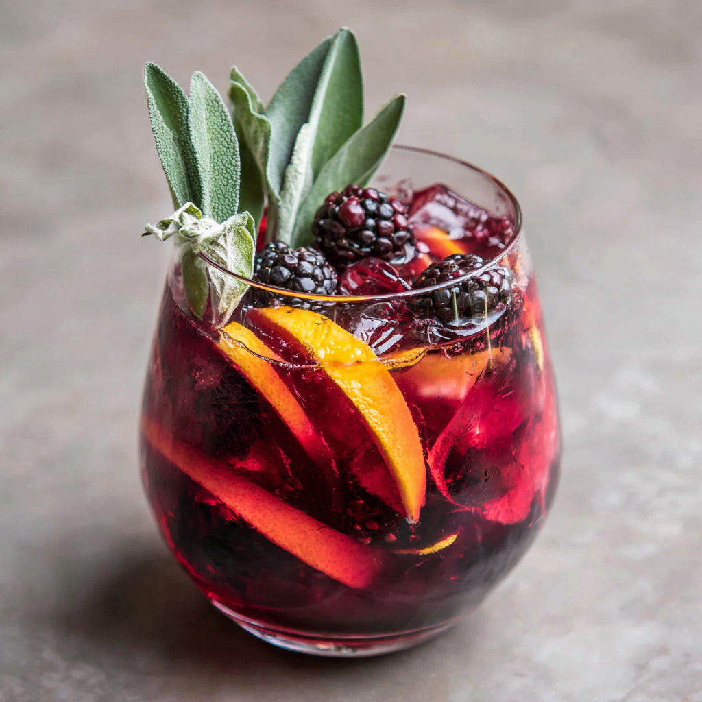 A glass of red sangria with blackberries and sage.