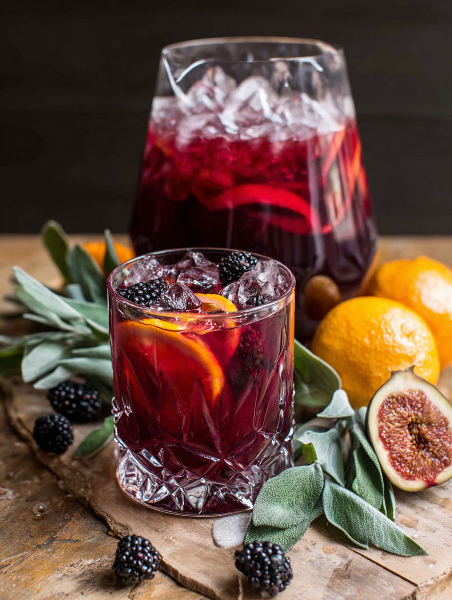 A glass of red sangria with blackberries and sage.
