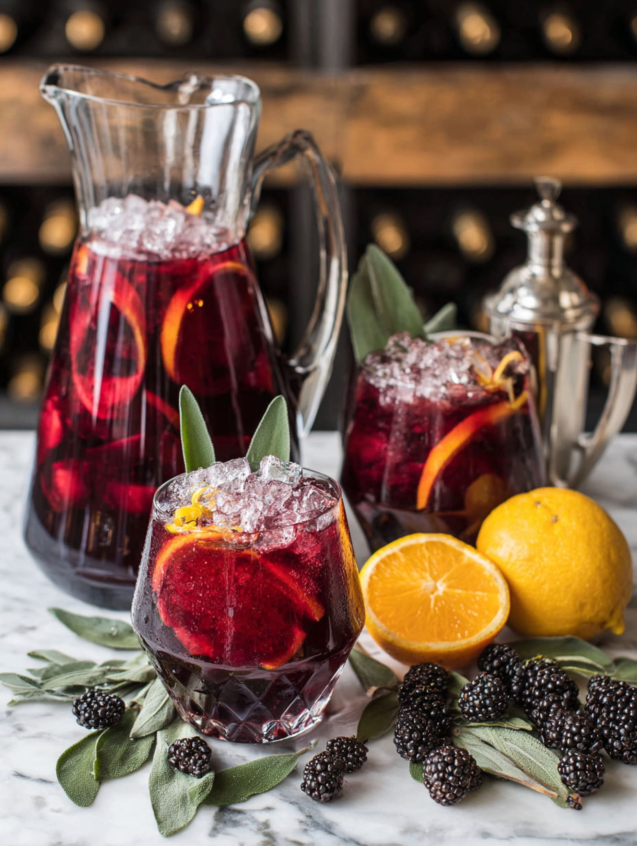 A pitcher of red sangria and two glasses of the drink.