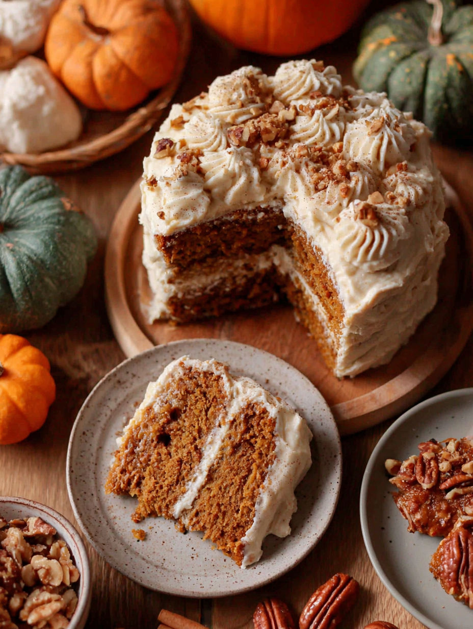 A slice of vegan pumpkin spice cake on a plate.