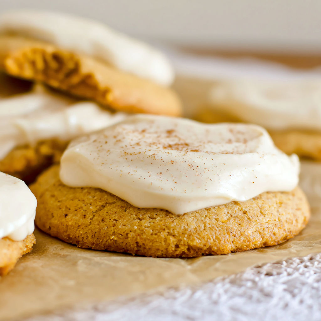 A plate of pumpkin spice sugar cookies with cream cheese frosting.