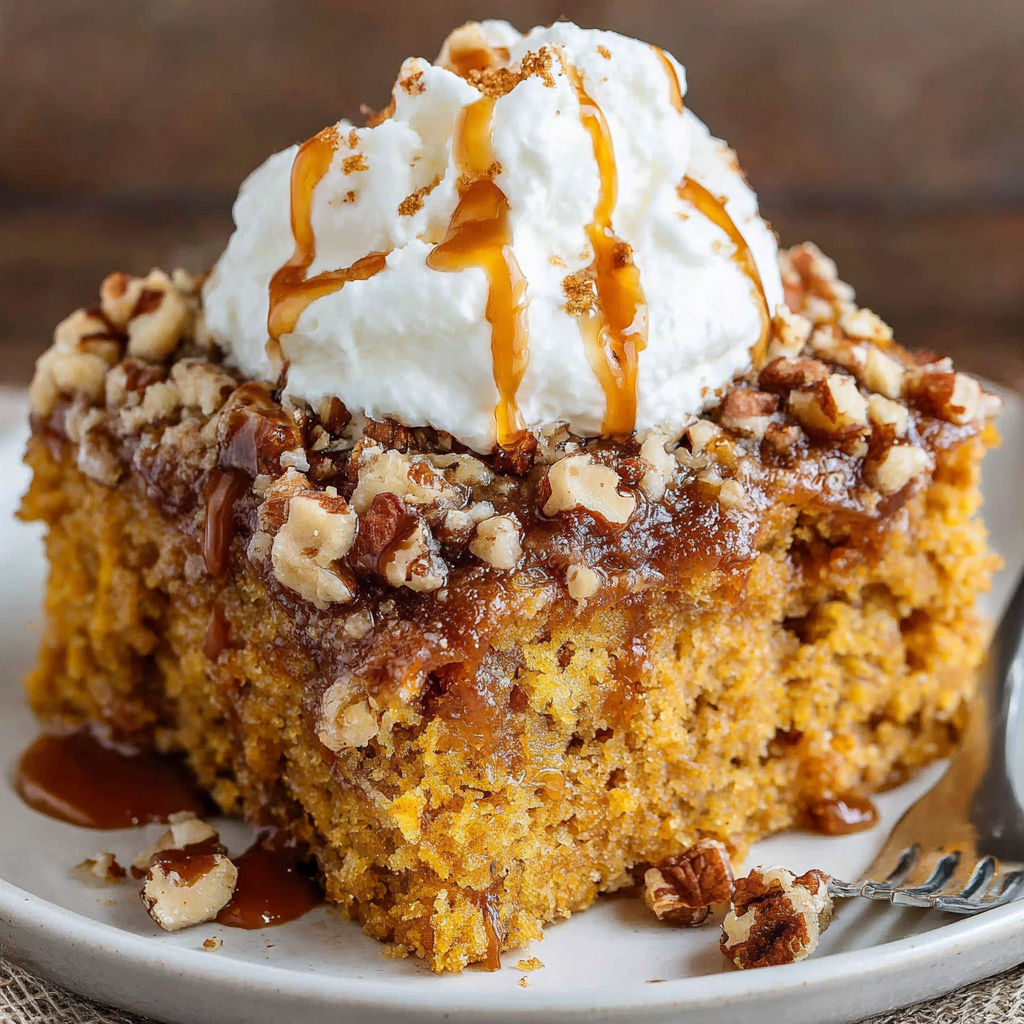 A slice of pumpkin spice cake with white icing and caramel drizzle.