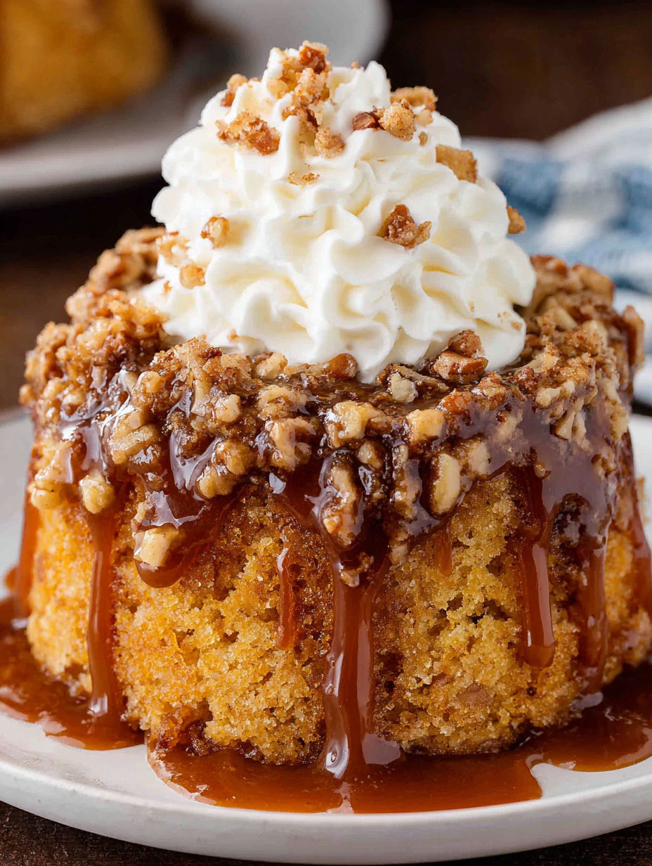 A slice of pumpkin spice cake with white icing.