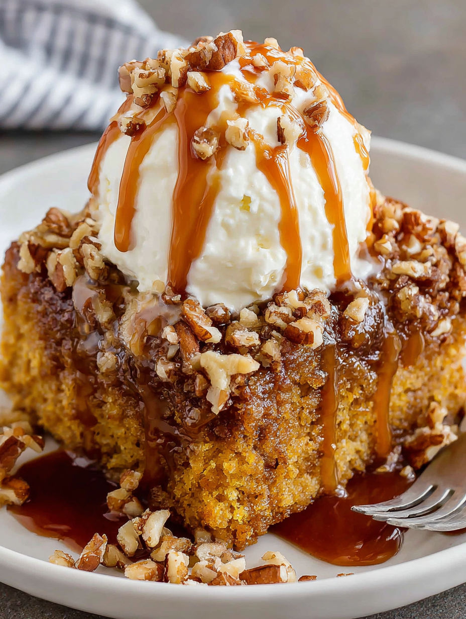 A piece of Sweet Crockpot Pumpkin Spice Cake.