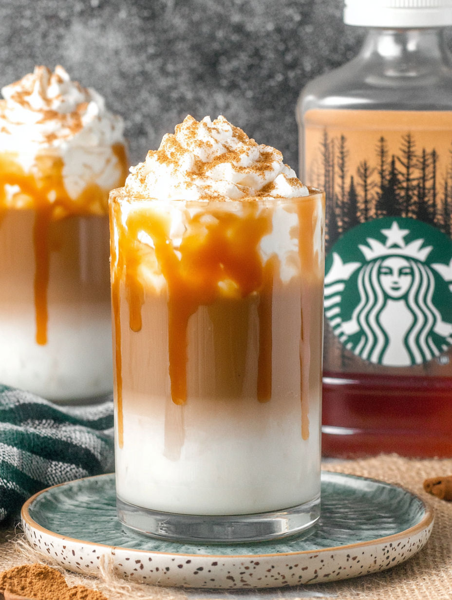 A glass of Starbucks Pumpkin Spice Latte.