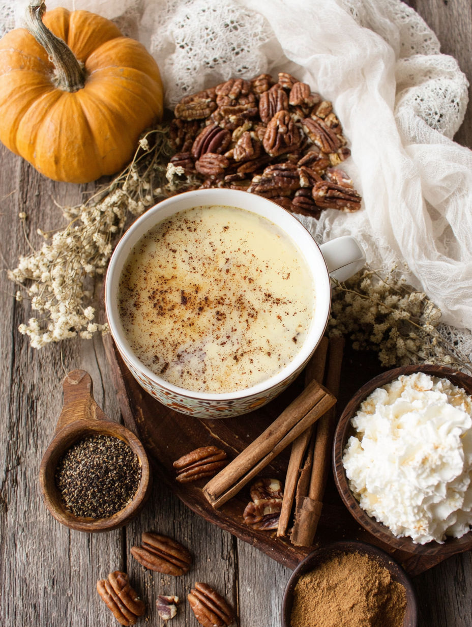 A cup of pumpkin pecan chai latte with spices and nuts.