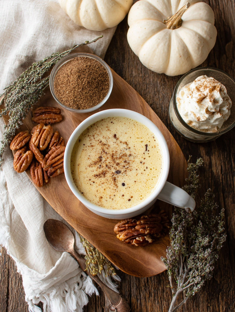 A cup of pumpkin pecan chai latte with a spoon and a bowl of pecans.