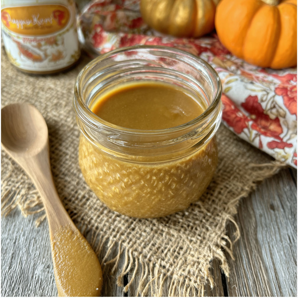 A jar of pumpkin pie sauce on a table.