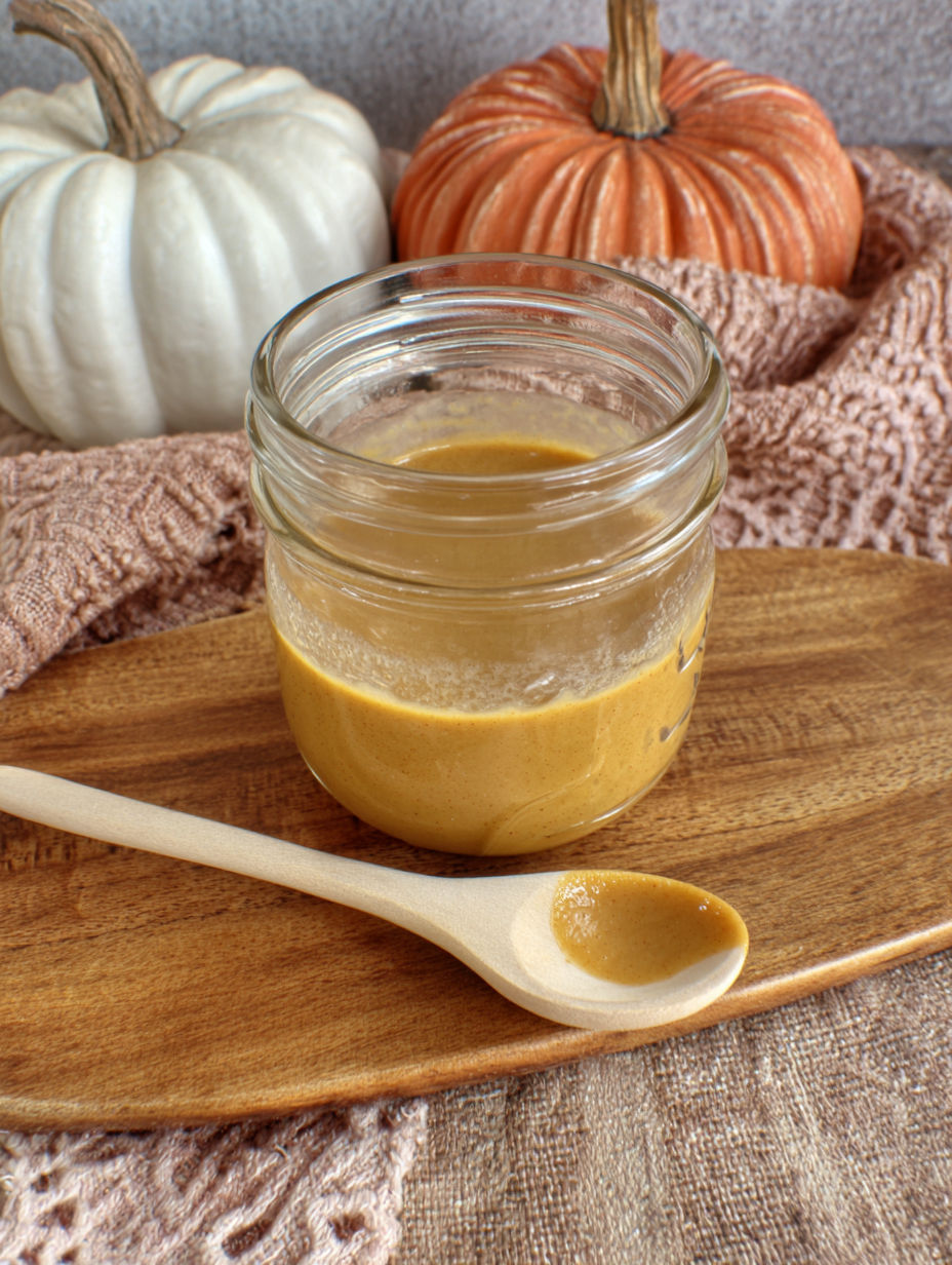 A glass jar of sauce with a wooden spoon in it.